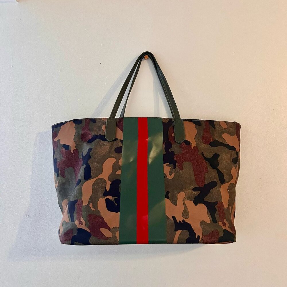 Camouflage and Stripe Detail Large Tote